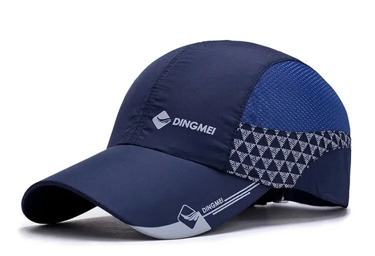 Navy blue cap with geometric pattern on a white background