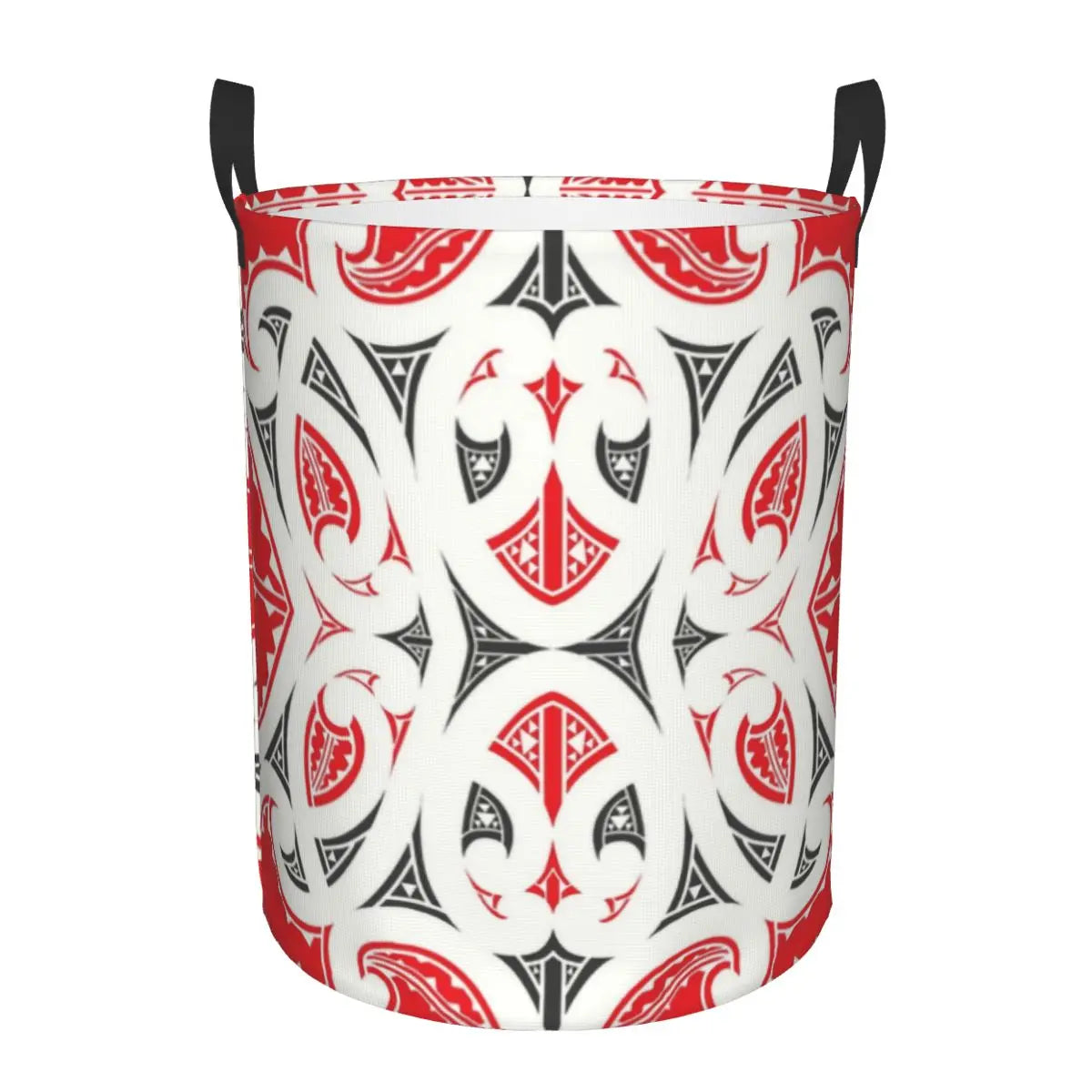 Cylindrical storage bin with red, black, and white geometric pattern on a white background