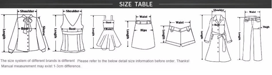 Size chart for clothing with measurements labeled