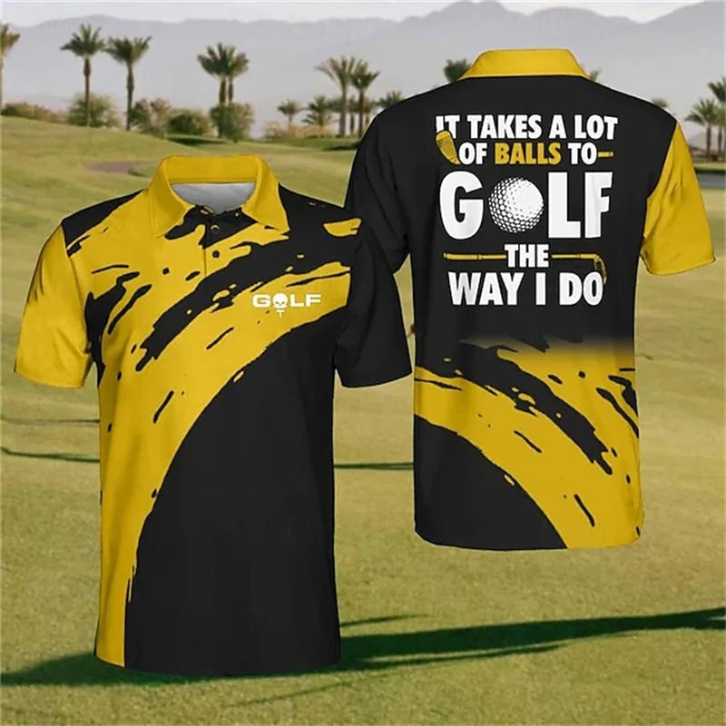 Black and yellow polo shirt with golf-themed text on a golf course background