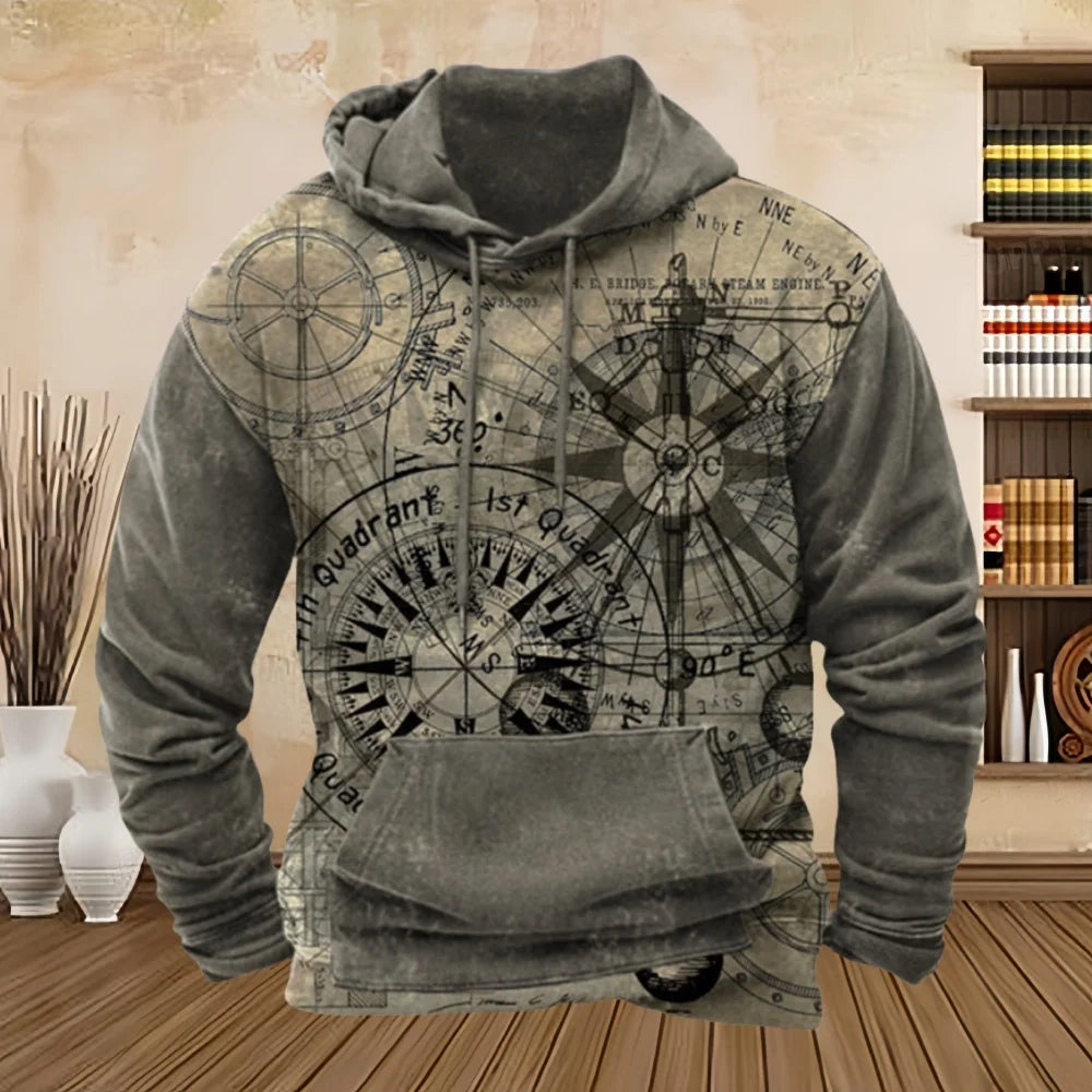 Abstract Vintage Design on Grey Beige Hoodie Pullover