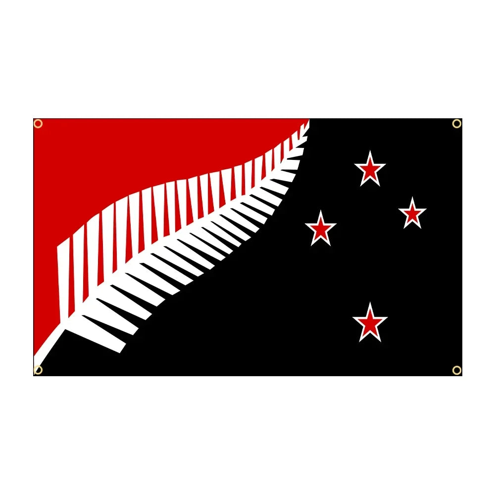 Flag with a white fern leaf on a red and black background
