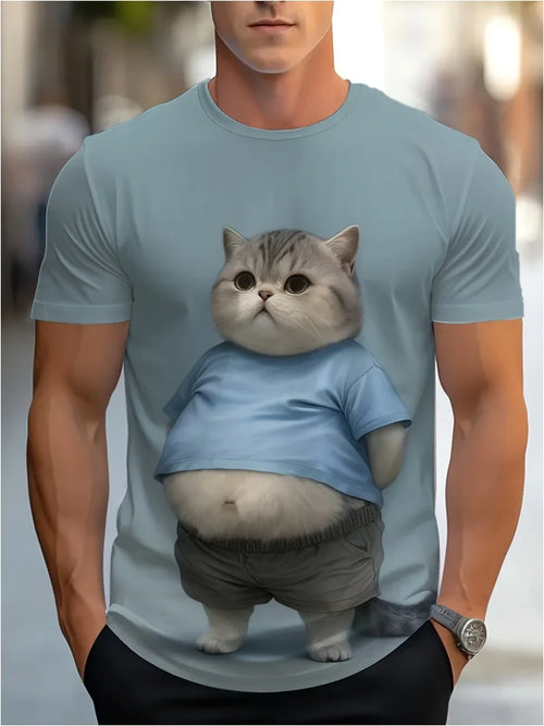 T-shirt with a graphic of a cat wearing a blue shirt and shorts, worn by a person.