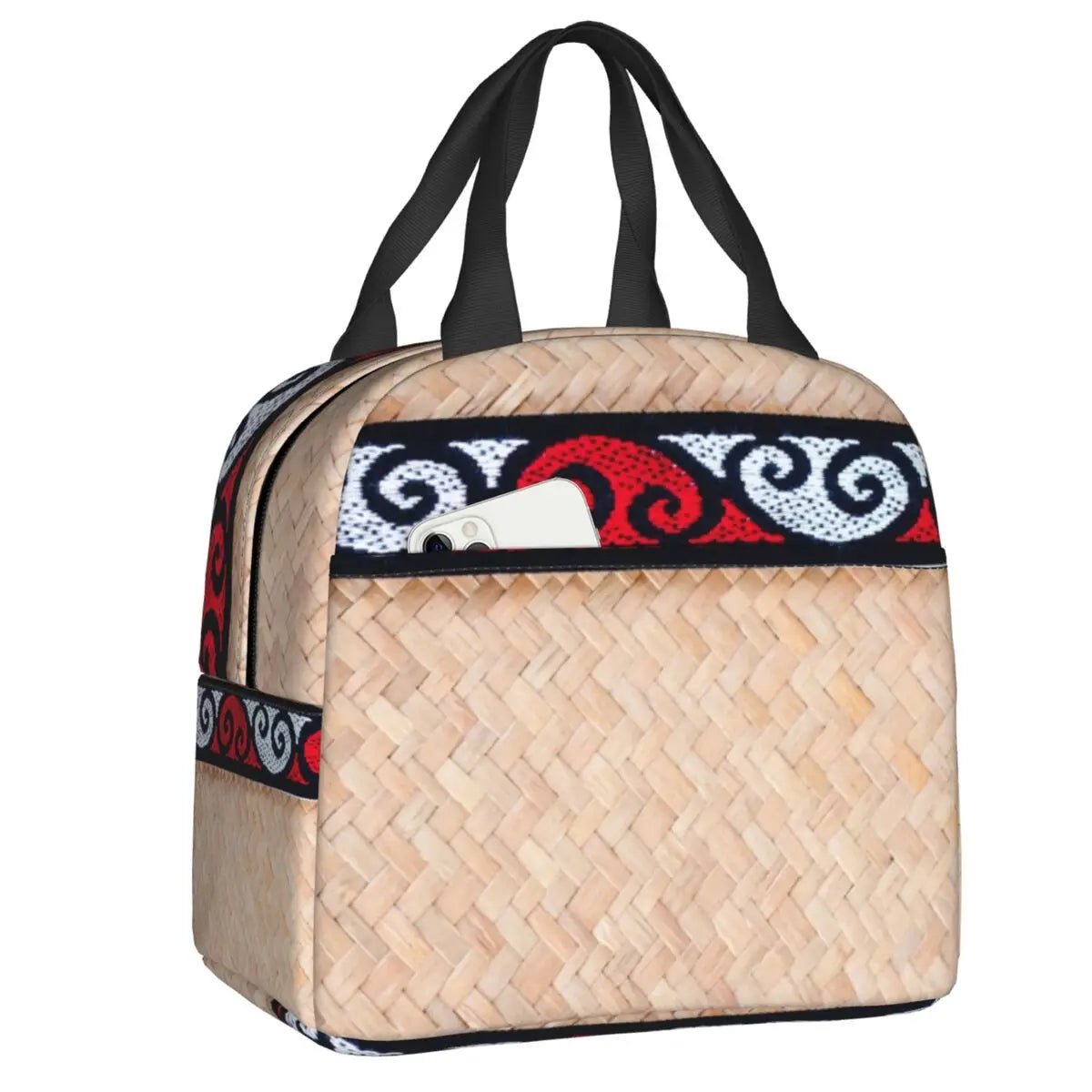 Woven pattern insulated Lunch bag with decorative band on a white background
