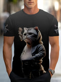 Person wearing a black t-shirt with a graphic of a cat in a hoodie.