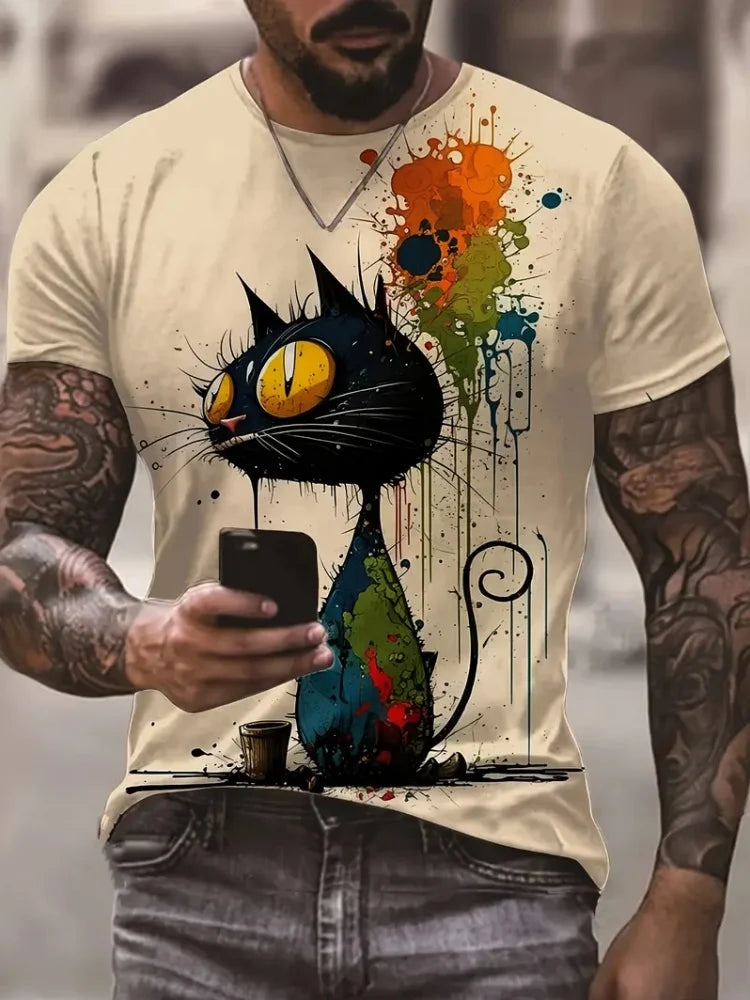 Person wearing a white t-shirt with a colorful cat graphic design.
