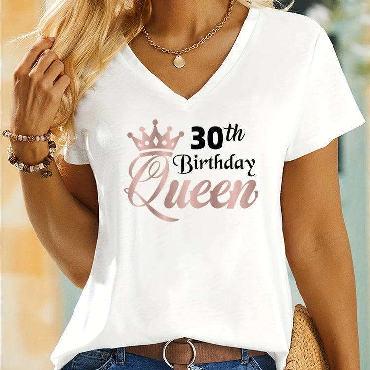 White t-shirt with '30th Birthday Queen' text and crown design worn by a person.