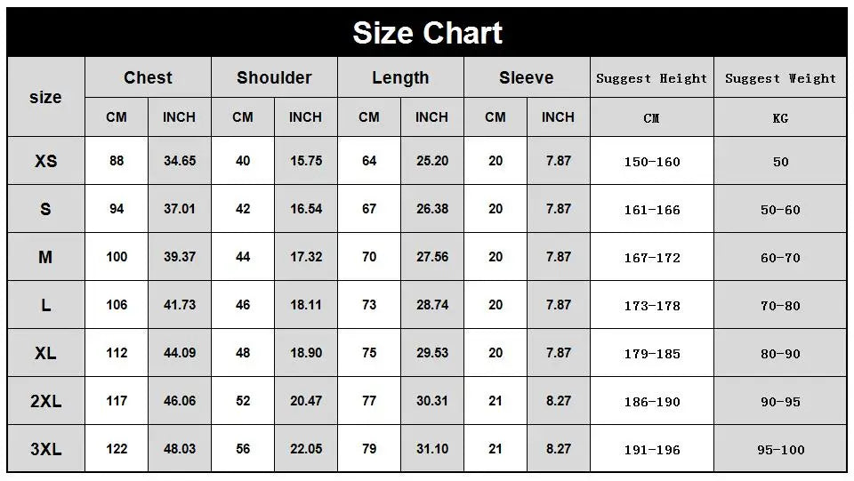 Size chart for clothing with measurements in centimeters and inches.