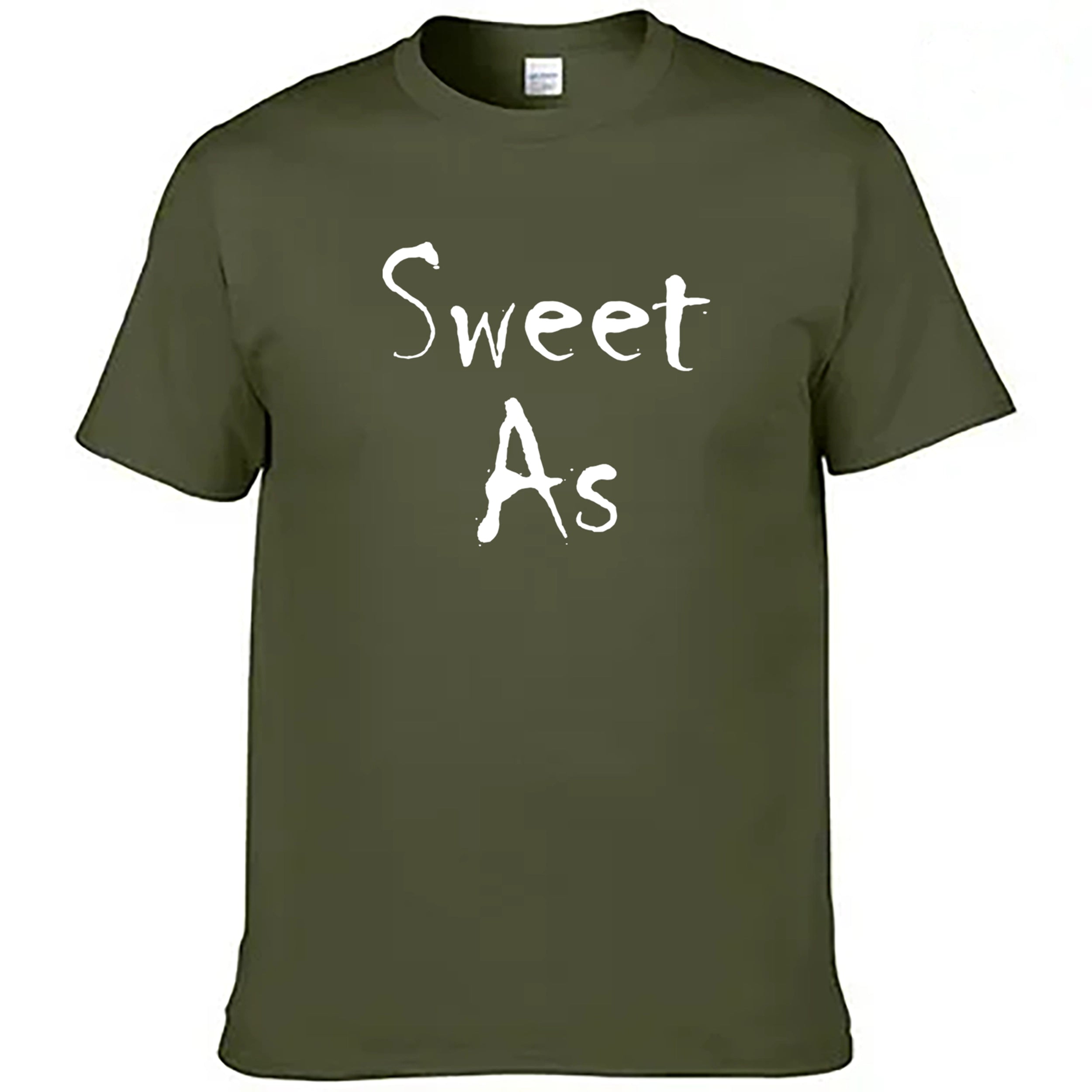Green t-shirt with 'Sweet As' text on a white background