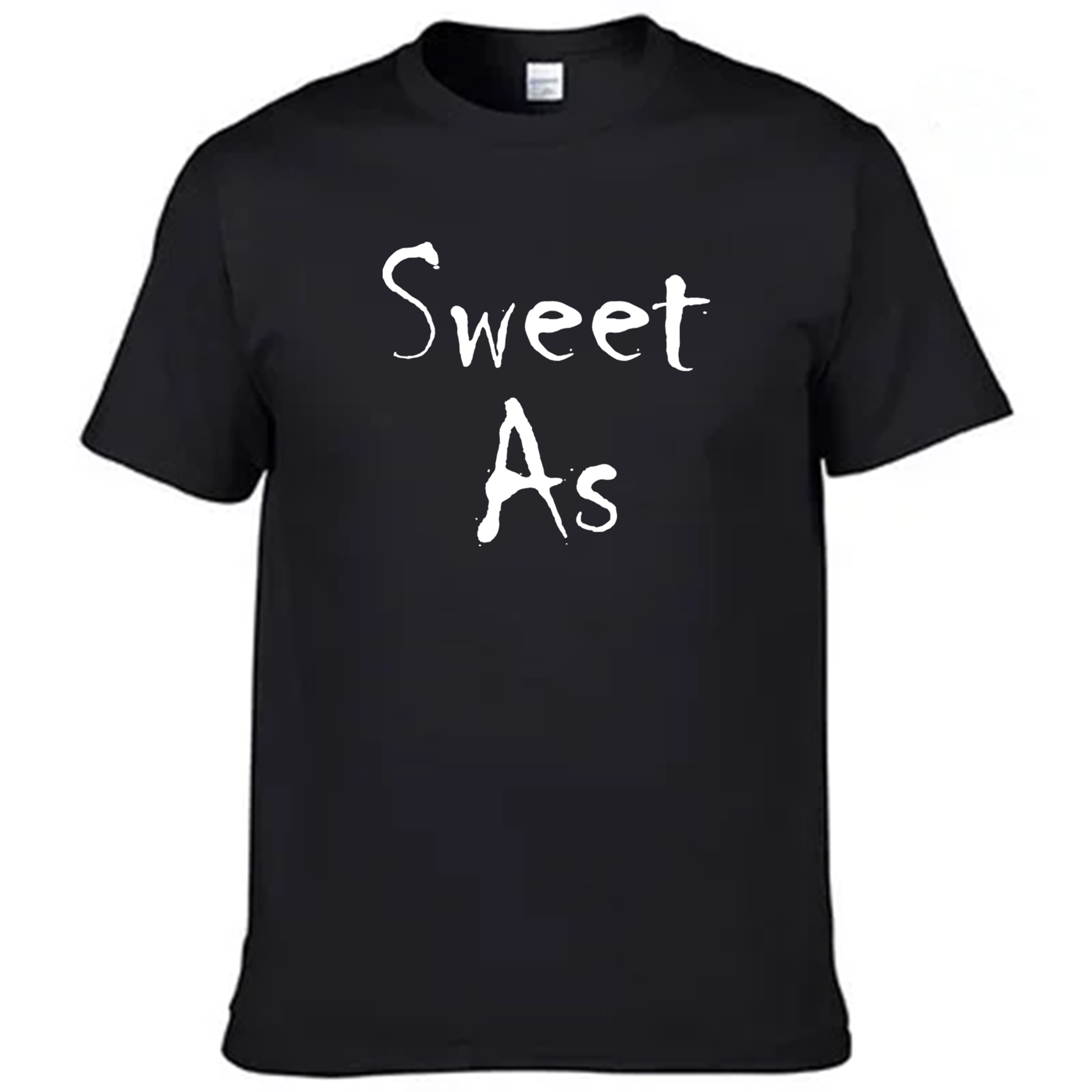 Black t-shirt with 'Sweet As' text on a white background