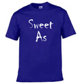 Blue t-shirt with 'Sweet As' text on a white background