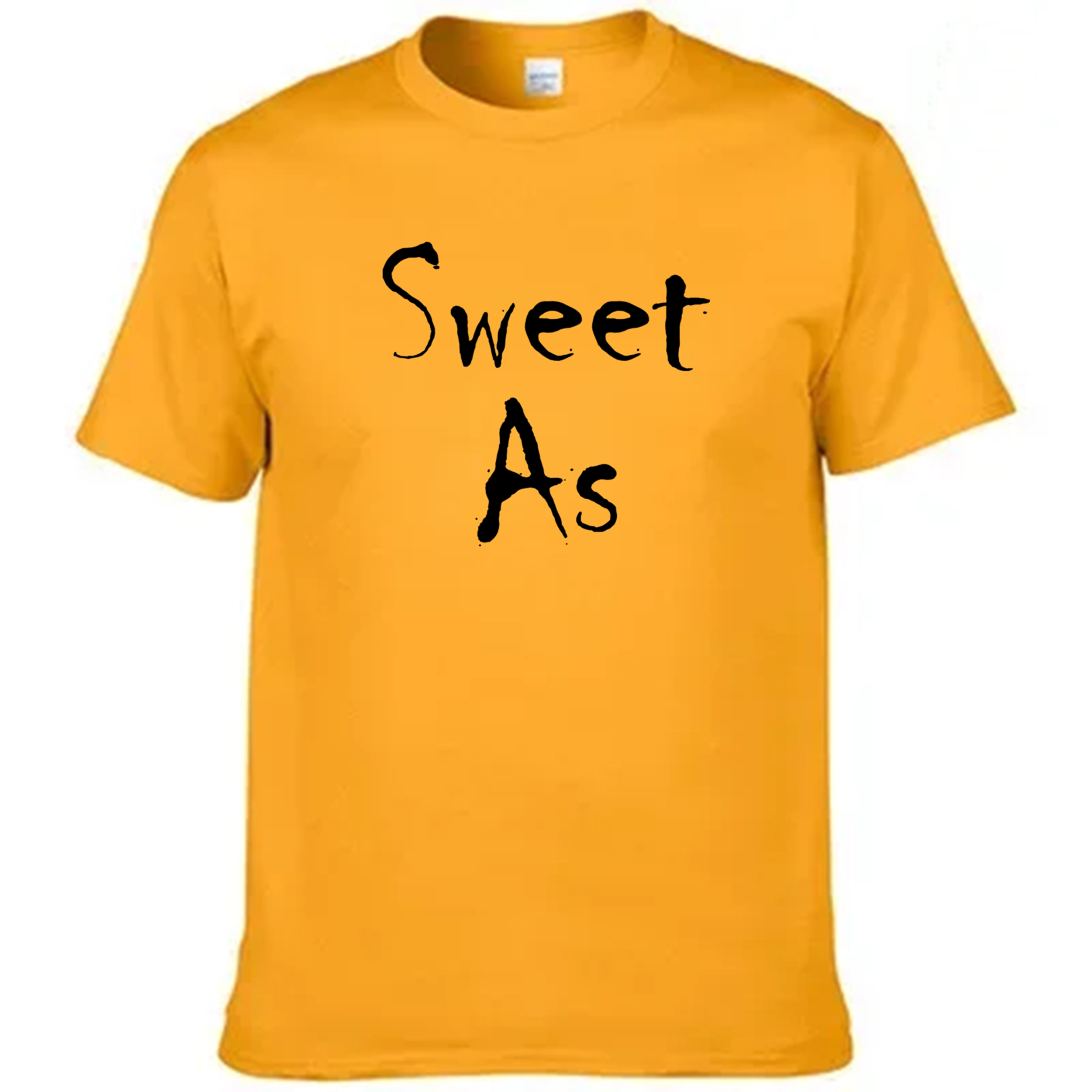 Yellow t-shirt with 'Sweet As' text on a white background