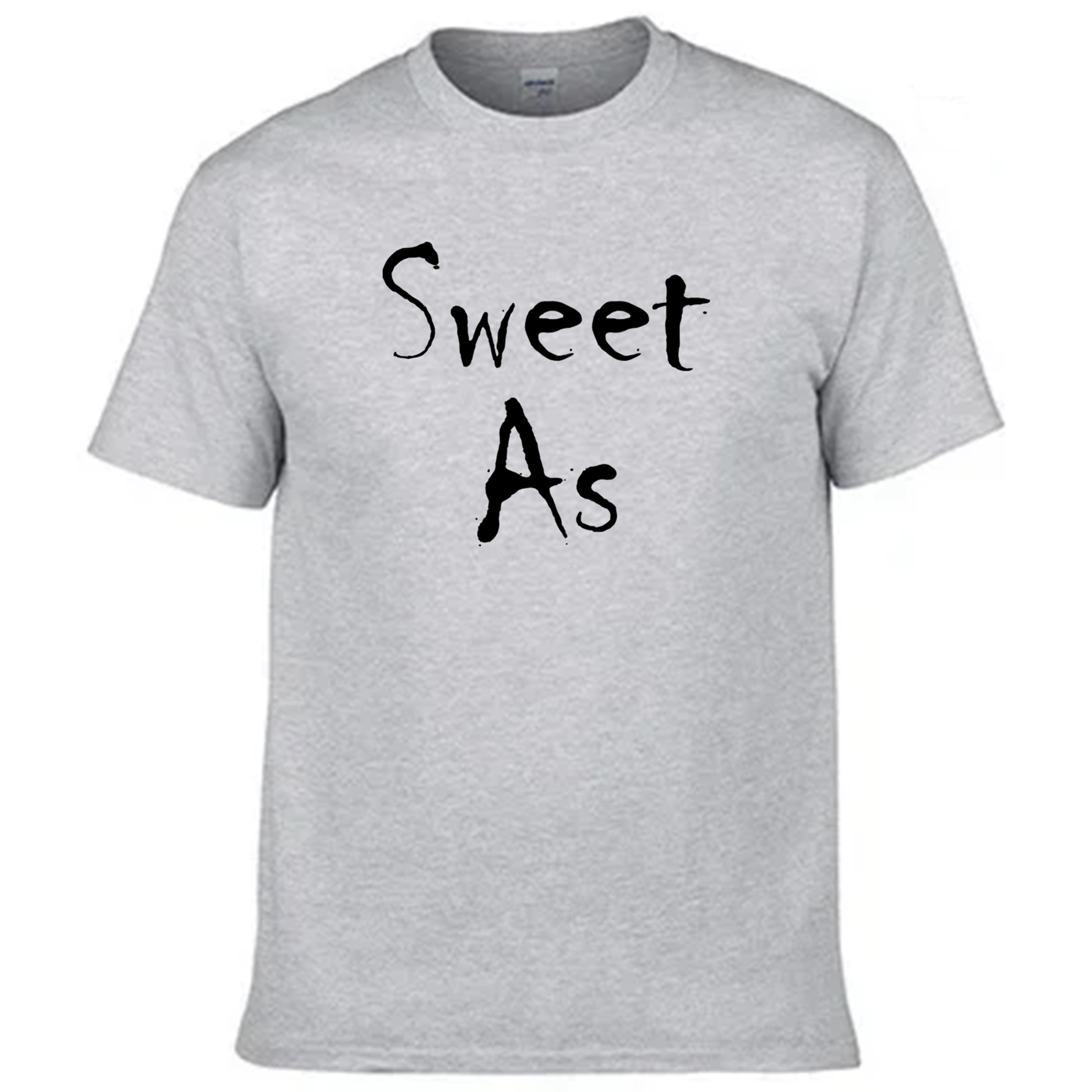 Gray t-shirt with 'Sweet As' text on a white background