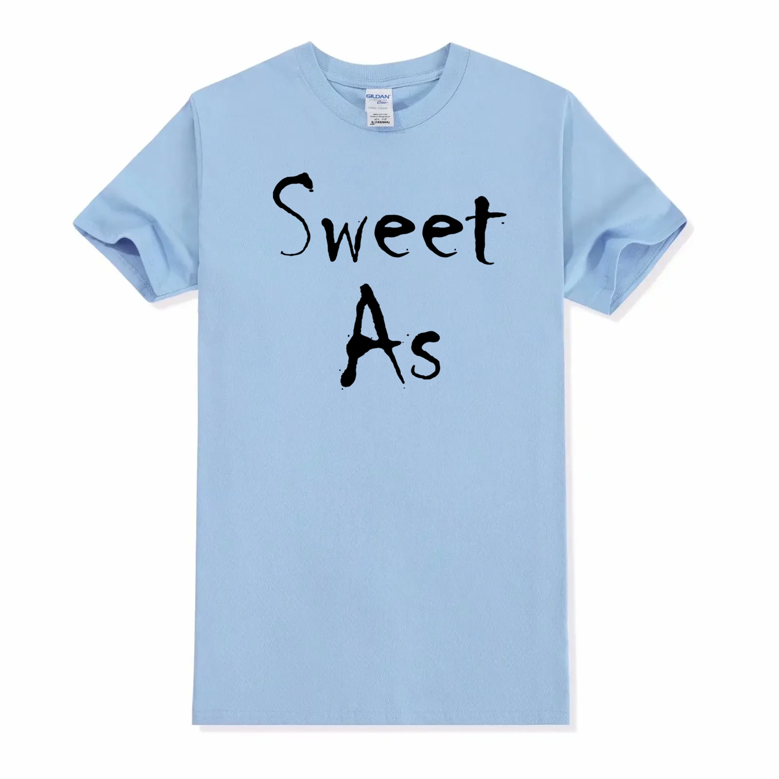 Light blue t-shirt with 'Sweet As' text on a white background