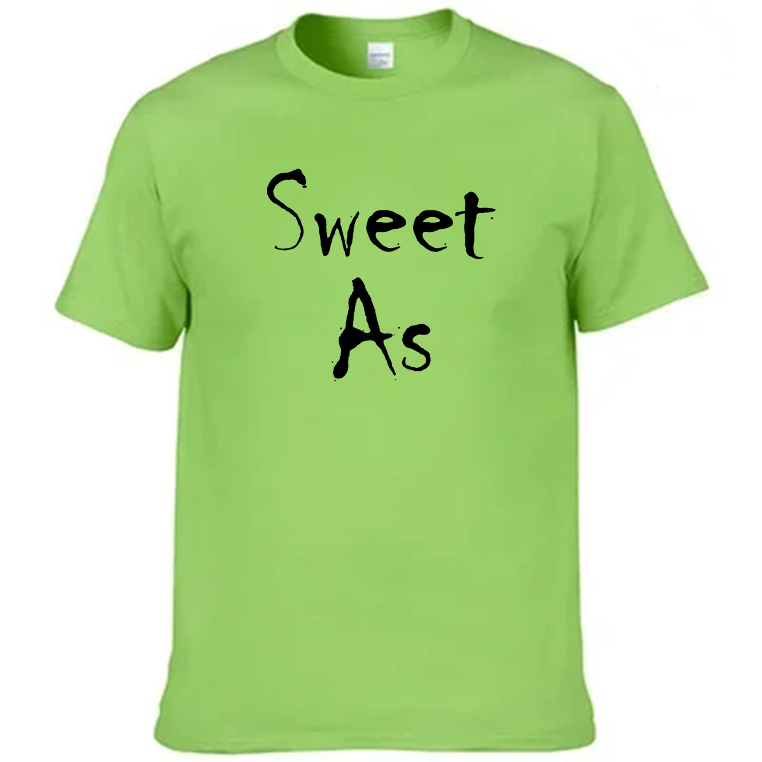 Green t-shirt with 'Sweet As' text on a white background