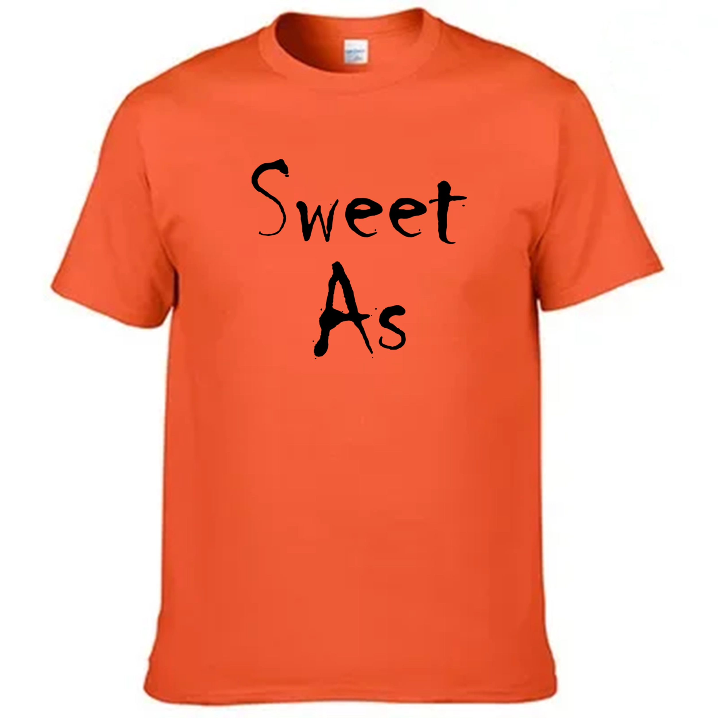 Orange t-shirt with 'Sweet As' text on a white background