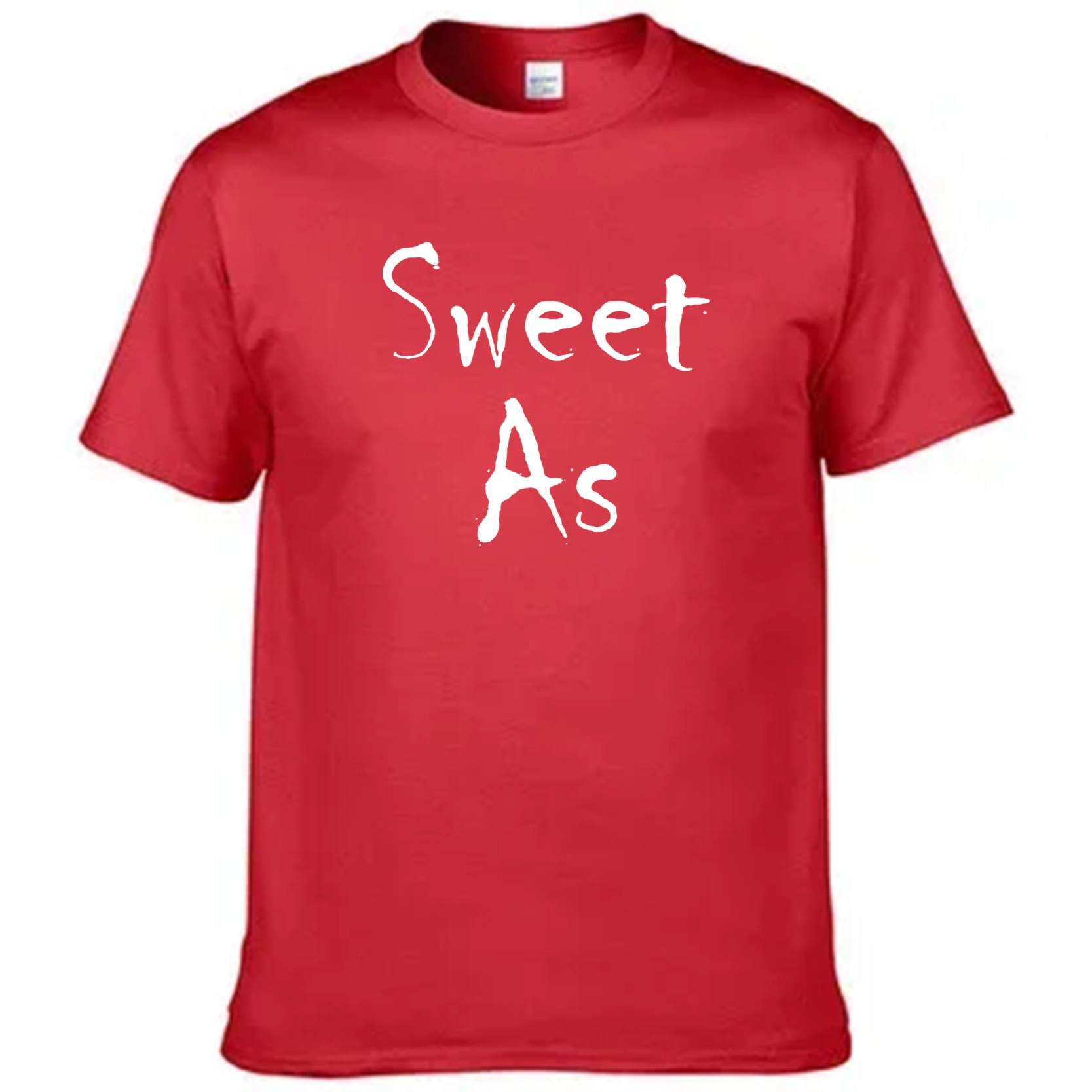 Red t-shirt with white text 'Sweet As' on a white background