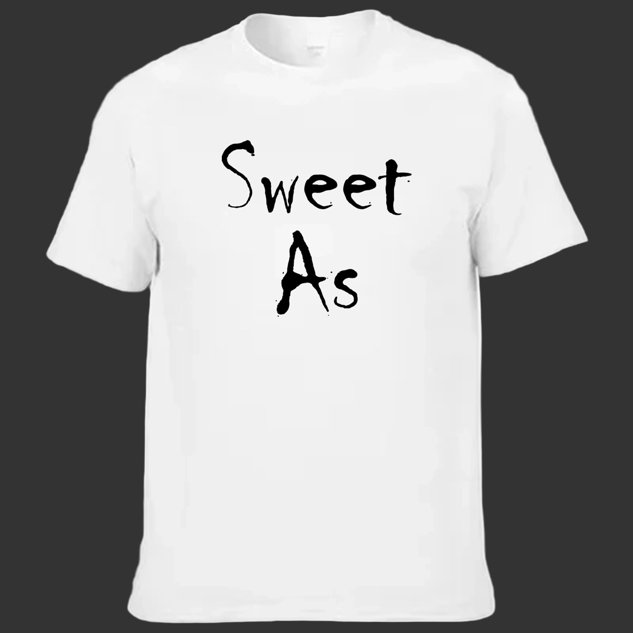 White t-shirt with 'Sweet As' text on a dark background