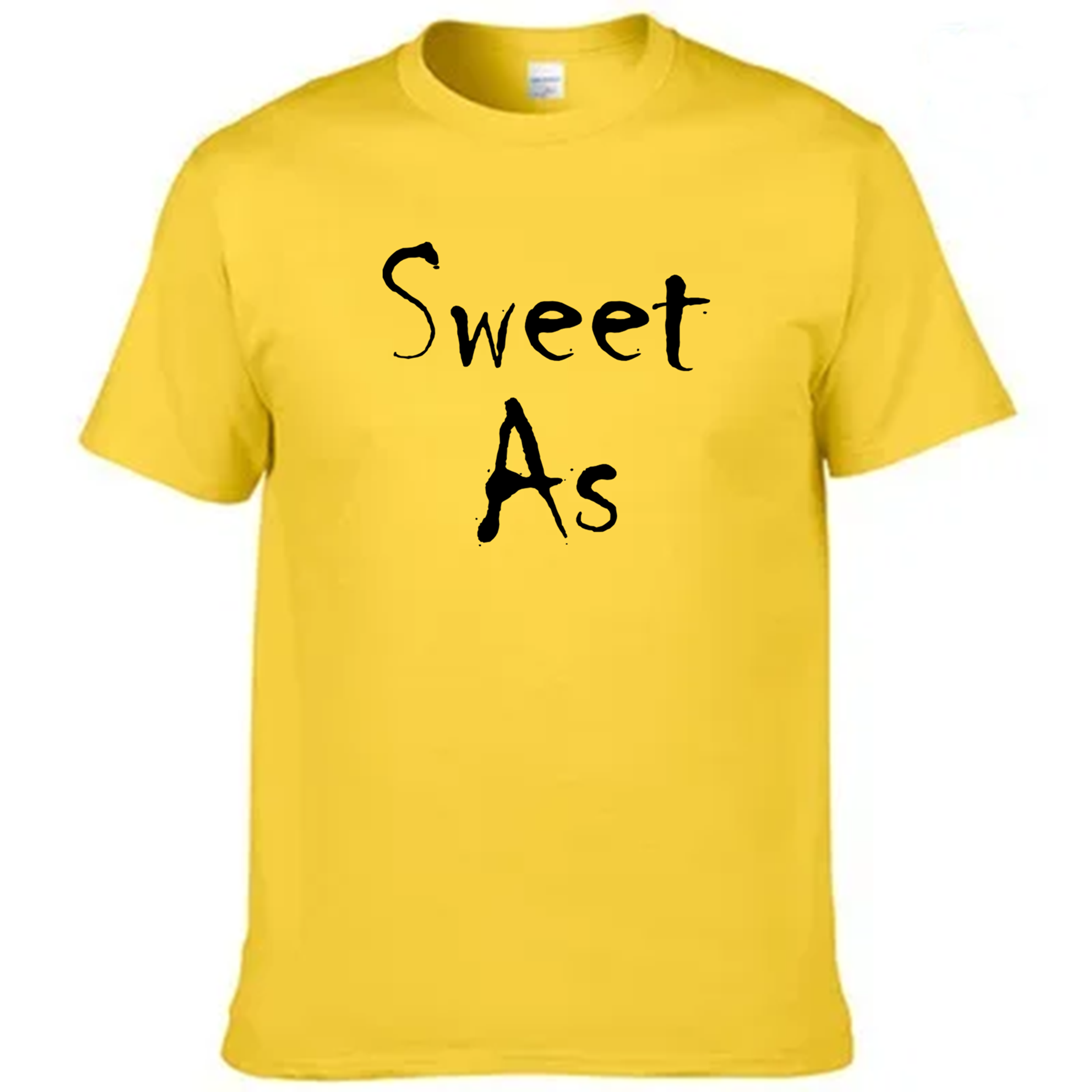 Yellow t-shirt with 'Sweet As' text on a white background