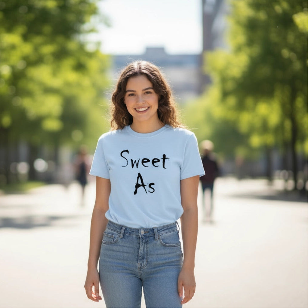 Woman wearing a light blue "sweet as" T-shirt
