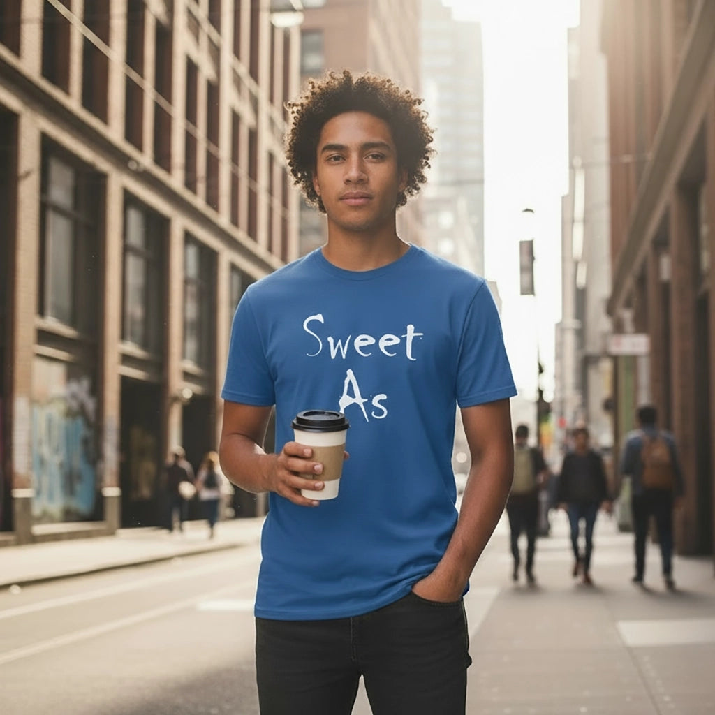 Person wearing a blue t-shirt with 'Sweet As' text on a city street.