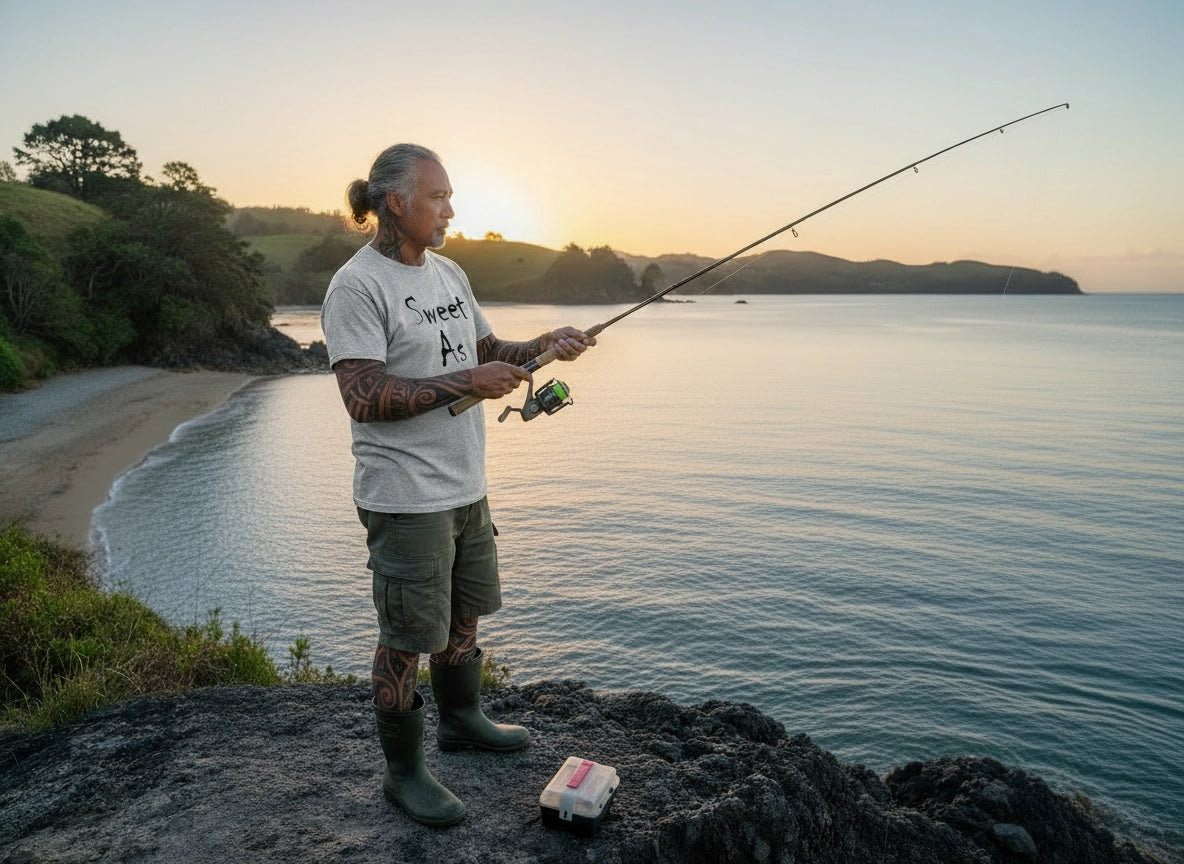 Person fishing on a rocky outcrop by a body of water at sunset.