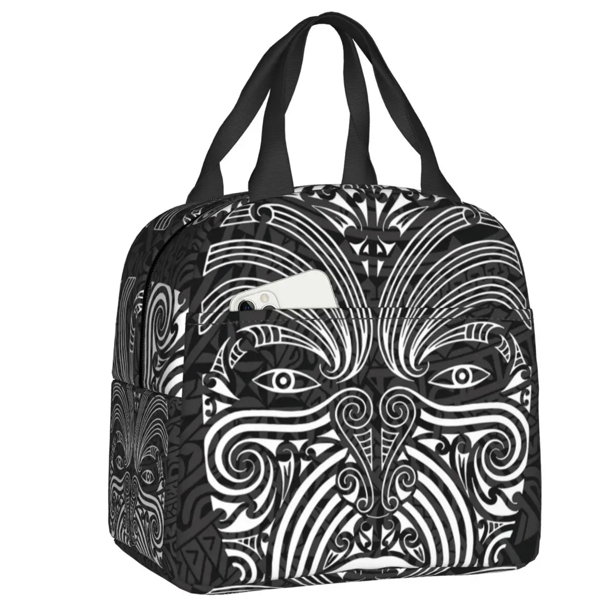 Black and white patterned insulated Lunch bag with handle on a white background