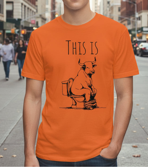 Person wearing an orange t-shirt with a graphic of a bull on a toilet and text 'THIS IS'.