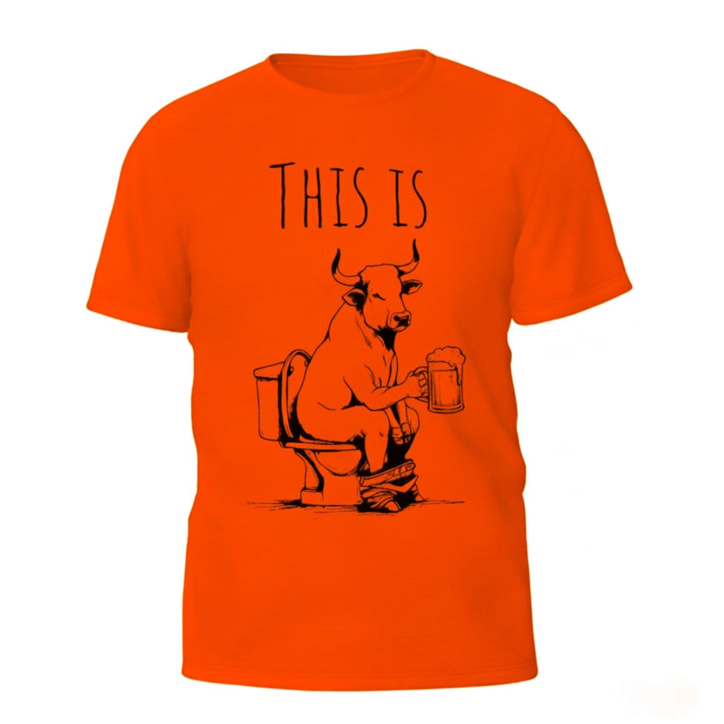 Orange t-shirt with a graphic of a dog on a toilet and text 'THIS IS' on a white background