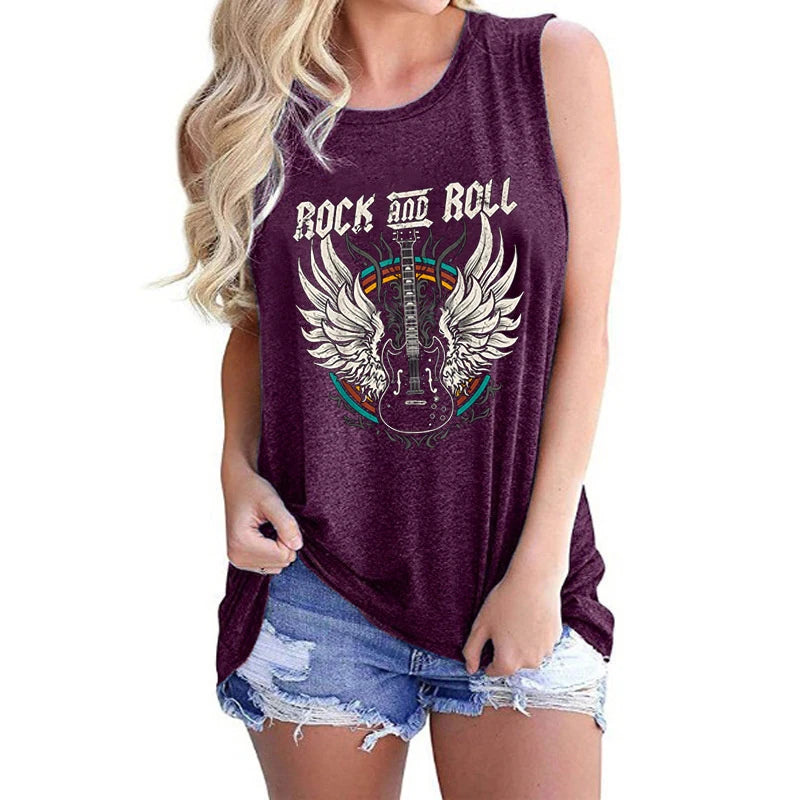Woman wearing a purple sleeveless shirt with 'Rock and Roll' and guitar design, white background