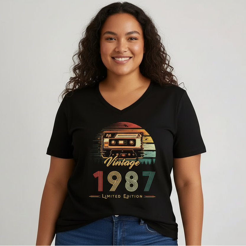Woman wearing a black t-shirt with a vintage 1987 design.