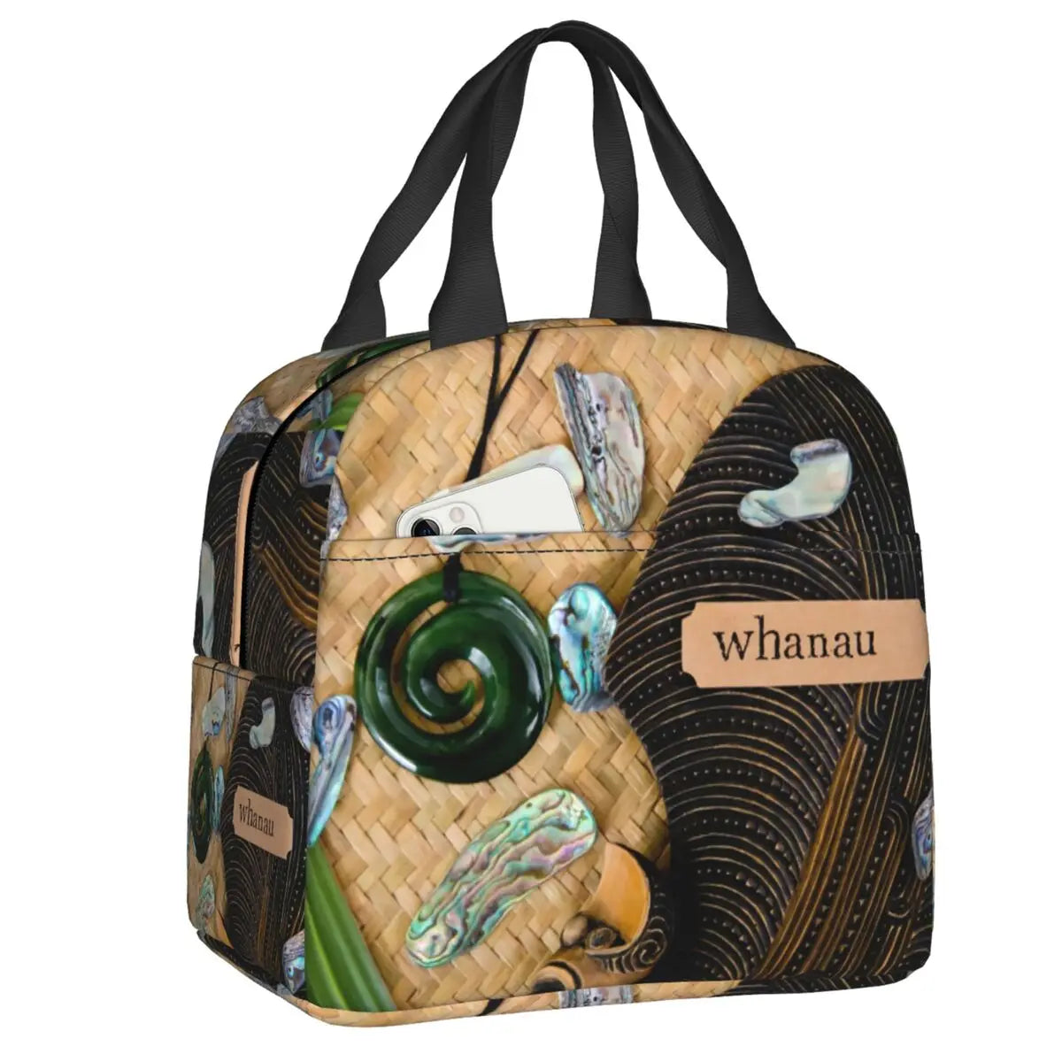 Multi-coloured insulated Lunch bag with artistic design and 'whanau' text on a white background