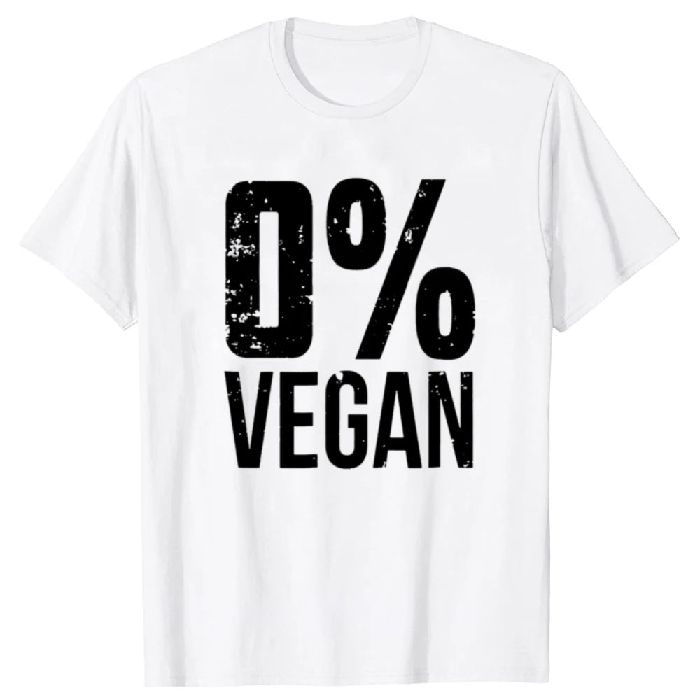White t-shirt with '0% Vegan' text in black on a white background