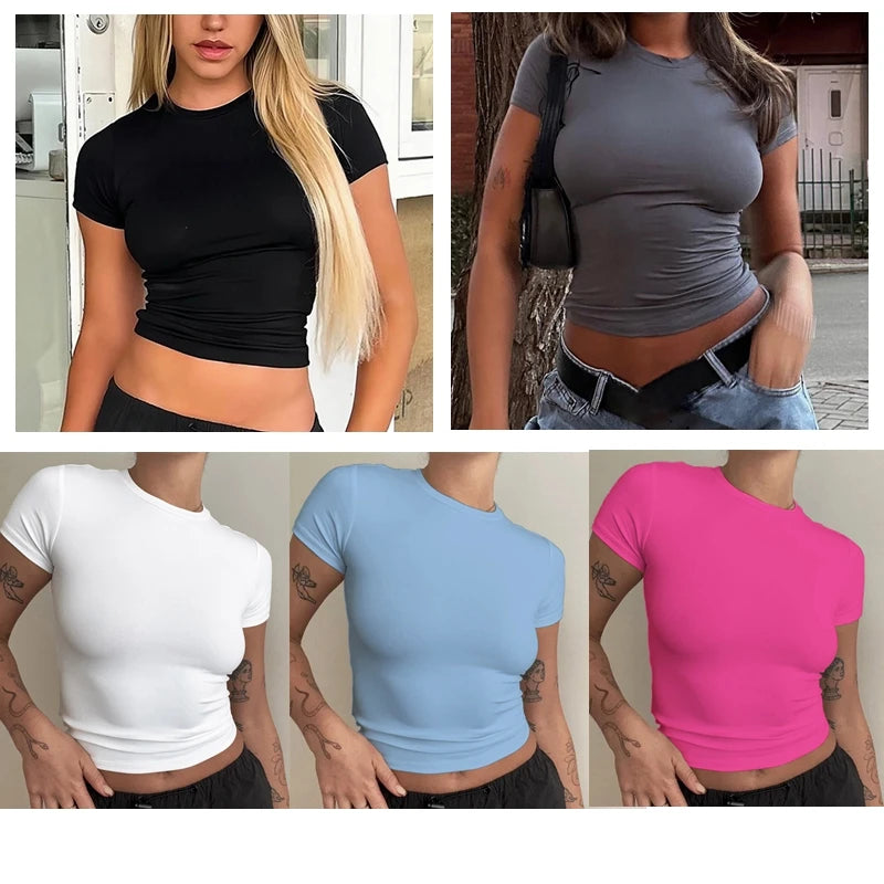 Collage of five women wearing short-sleeve crop tops in black, gray, white, blue, and pink.
